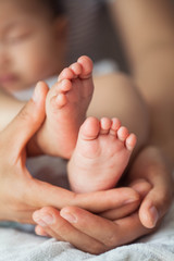 Close up of newborn baby feet. Baby's feet in the mother hands. Baby. Cozy. Love. Family.