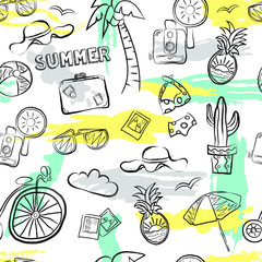 Vector seamless summer pattern with pineapple, hat, suitcase, camera, bicycle, glasses, palm, and other elements over colorful grunge texture. Summer fun repeating background. 