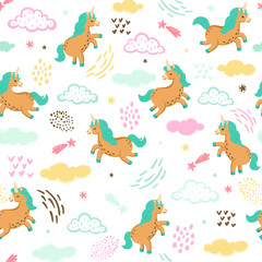 Obraz premium Seamless pattern with cute brown unicorns, clouds, stars and other hand drawn elements. Magic background with little unicorns jumping in the sky. Adorable wallpaper in the childish style. Vector