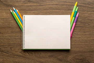 School notebook and stationery. Back to school creative, abstract, concept background.