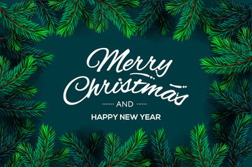 Merry Christmas and Happy New Year text template with Christmas Tree Branches border frame, vector illustration.