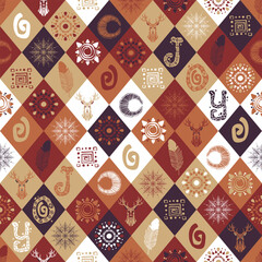 Winter seamless pattern with hand drawn elements: deer, feather, snowflake, tribal print, word 