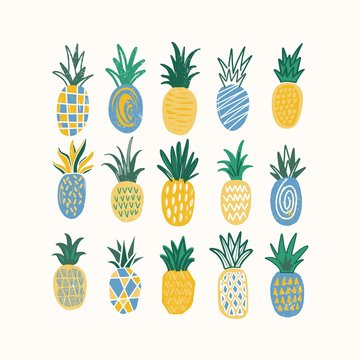 Set of stylized pineapples of various texture isolated on white background. Bundle of tropical fresh juicy fruits. Colored hand drawn vector illustration in trendy doodle style for T-shirt print.