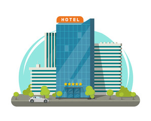 Hotel building tower isolated on city street vector illustration, hostel motel guest house flat cartoon modern skyscraper hotel building near road city landscape