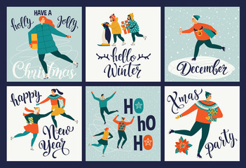 Collection of cute Merry Christmas and Happy New Year greeting cards. Set of hand drawn holiday posters templates, postcard design. Vector illustration. © Angelina Bambina