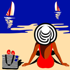 Elegant woman in hat sitting on the beach and looking at sea. Summer background, vogue style. Vector illustration - 234451245