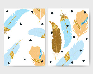 Set of cards or posters with blue and gold glitter feathers. Vector hand drawn illustration.