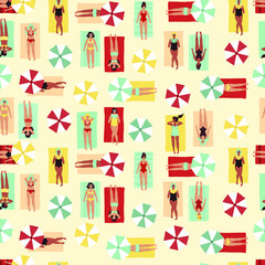 Seamless pattern of hand drawn people sunbathing, relaxing and reading books on the beach. Vector set of women in bikini lying on the beach towel, top view. Repeating summer background