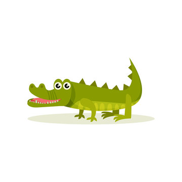 Cute green crocodile with big shiny eyes standing on four paws. Predatory reptile. Flat vector icon
