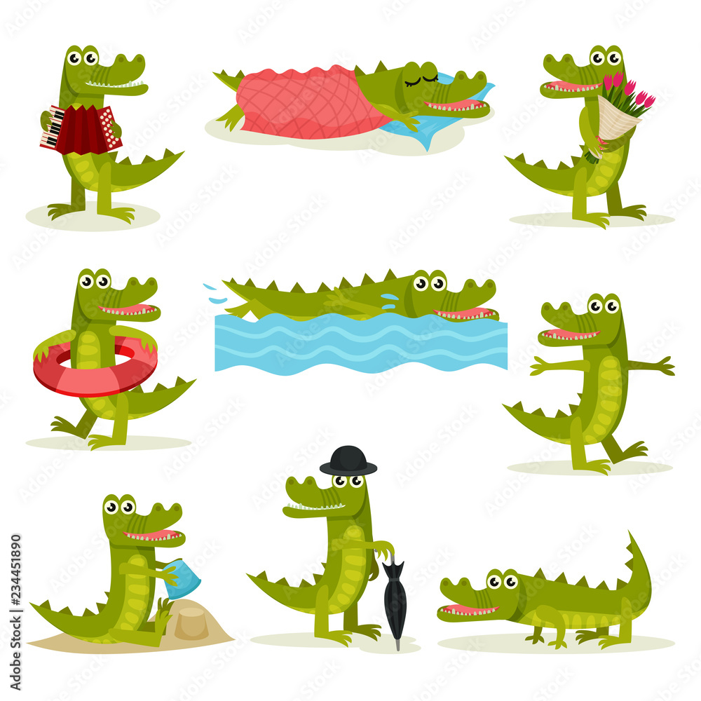 Poster flat vector set of funny crocodile in different actions. green predatory reptile. funny humanized an