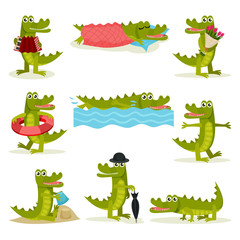 Fototapeta premium Flat vector set of funny crocodile in different actions. Green predatory reptile. Funny humanized animal