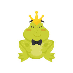 Fototapeta na wymiar Flat vector icon of cute frog with golden crown on head and black tie bow on neck. Green toad with pink cheeks