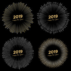 Fototapeta premium Set of four inscription Happy New Year 2019 with firework