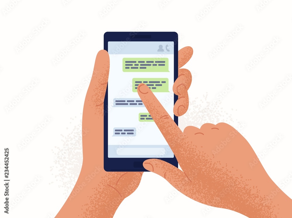 Poster pair of hands holding smartphone or mobile phone with chat or messenger application on screen. insta