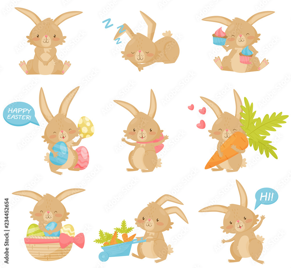 Poster flat vector set of easter rabbit in different actions. adorable brown bunny with long ears and short