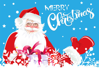 Christmas card. Santa Claus  with gifts  and text - Merry Christmas on a blue background