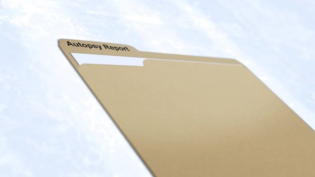 Cinematic camera slides past manila folder - Autopsy Report