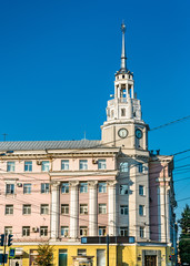 Fototapeta na wymiar Clock tower in the city centre of Voronezh, Russia