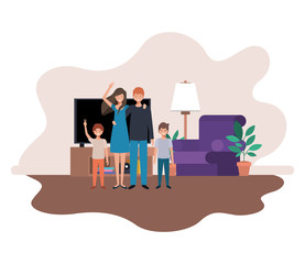 parents couple with sons in livingroom avatar character
