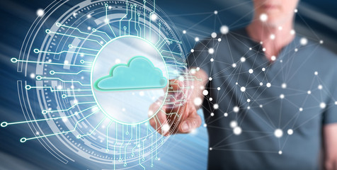 Man touching a cloud computing system concept
