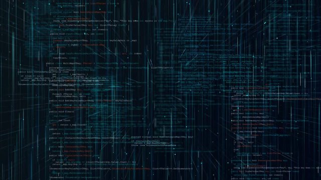 Abstract digital source code background. Seamless loop animation of computer programming language.