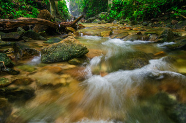 Beautiful tropical waterfall in lush surrounded by green forest.wet rock and moss.selective focus shot.