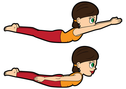 Yoga asana set locust pose/ Illustration cartoon girl doing shalabhasana and its variation