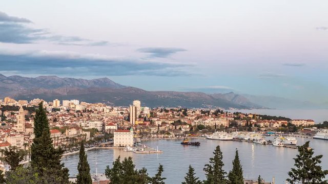 Split croatia skyline aerial view from day to night timelapse video in 4k.