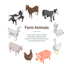Farm Animals 3d Banner Card Circle Isometric View. Vector