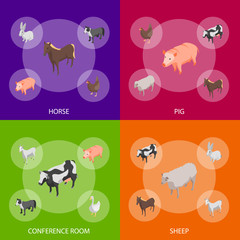 Farm Animals 3d Banner Set Isometric View. Vector