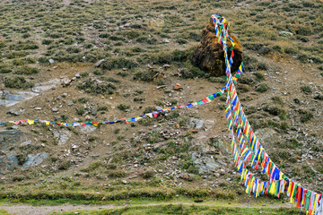 Tibetan colored flags fluttering in Himalayas.