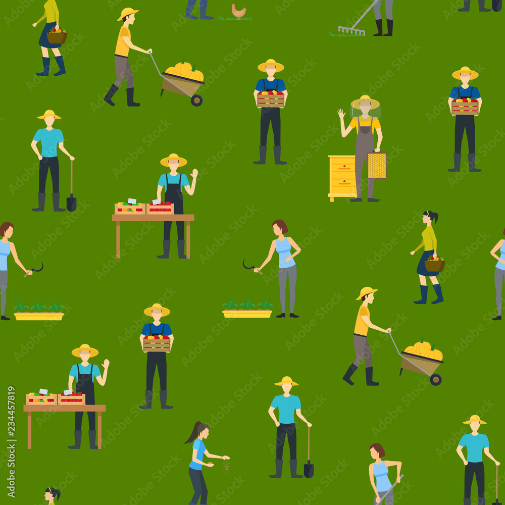 Poster farmers work 3d seamless pattern background isometric view. vector