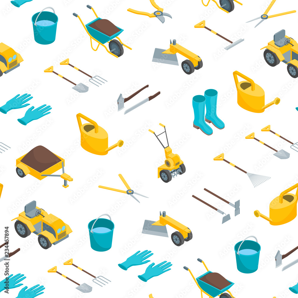 Poster garden tools 3d seamless pattern background isometric view. vector