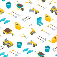 Garden Tools 3d Seamless Pattern Background Isometric View. Vector