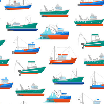 Cartoon Fishing Boats Seamless Pattern Background. Vector
