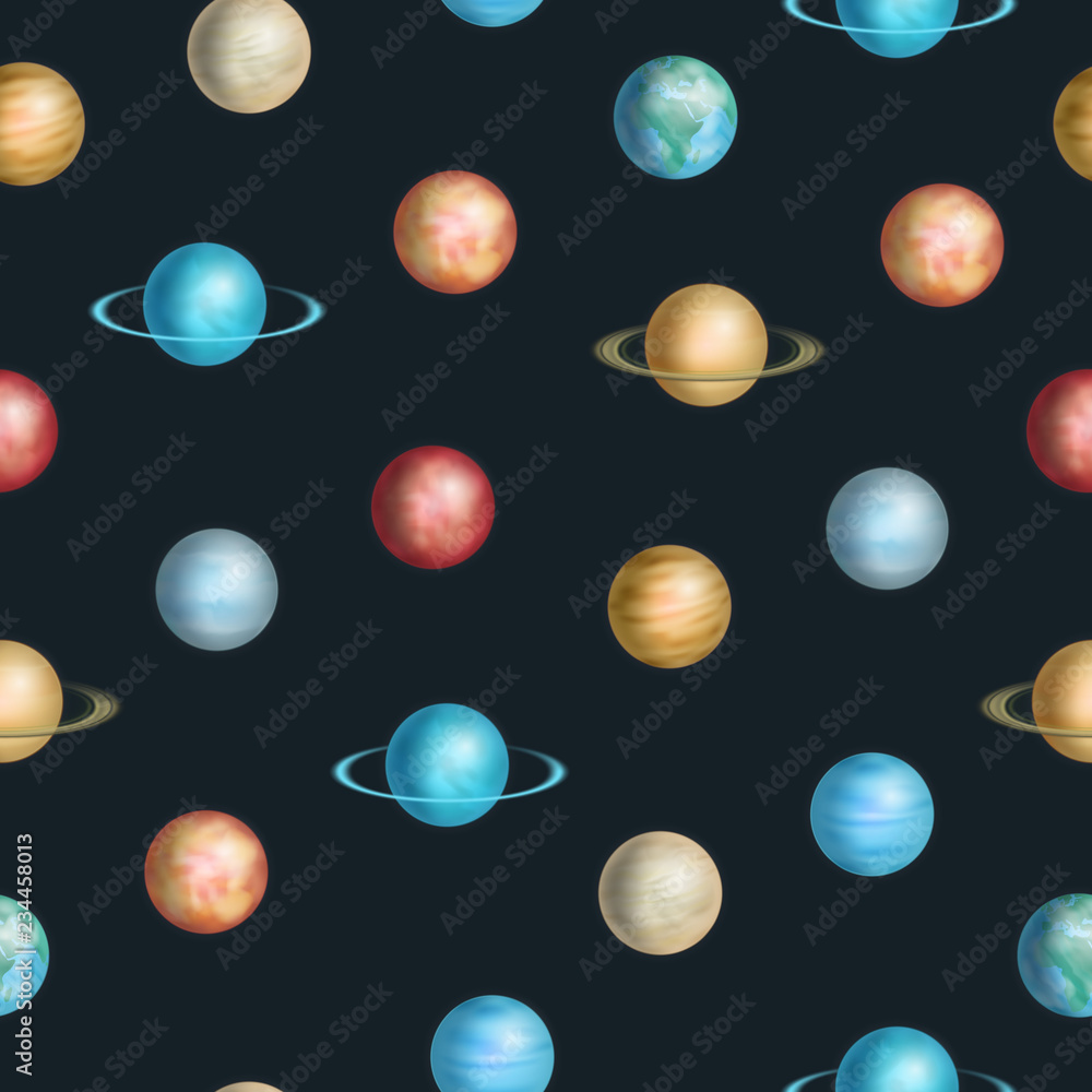 Poster realistic 3d detailed solar system planet seamless pattern background. vector