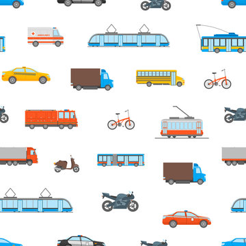 Cartoon Urban Transport Seamless Pattern Background. Vector
