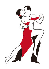 Ballroom dancers, tango. 
Stylized illustration of young couples dancing tango, foxtrot. Isolated on white background. Vector available. 
