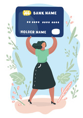 Woman holding big credit card bank.