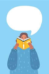 Woman reading a book with thought bubble.