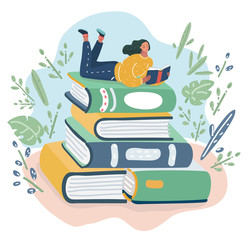 Girl sitting on pile of books with open book