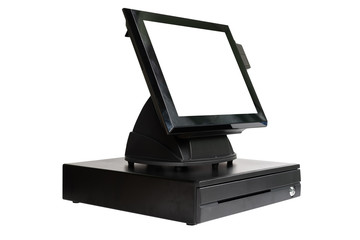 Side view of Point Of Sale and cash drawer On White Background