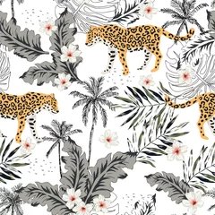 Foto op Plexiglas Afrikaanse dieren Tropische luipaarddieren, plumeriabloemen, palmbladeren, bomen, witte achtergrond. Vector naadloos patroon. Grafische illustratie. Zomer strand bloemmotief. Exotische jungleplanten. Paradijs natuur
