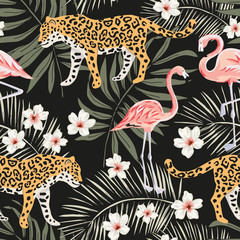 Tropical leopard animals, pink flamingo birds, plumeria flowers, palm leaves, black background. Vector seamless pattern. Graphic illustration. Summer beach floral design. Paradise nature