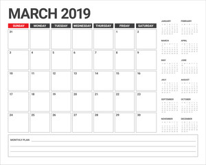 March 2019 desk calendar vector illustration