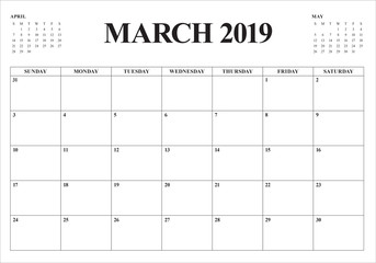 March 2019 desk calendar vector illustration