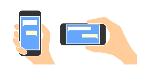 Hands hold the phone with messages on screen in horizontal and vertical positions