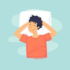Man is sleeping. Head rests on the pillow. Flat vector illustration in cartoon style.