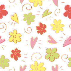 Spring seamless pattern. Endless background with hand drawn ethnic flowers, hearts and vintage elements. Template for design, postcards, print, poster, party, Valentine's day, vintage textile. Vector.