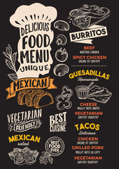 Mexican food menu template for restaurant with chefs hat lettering.